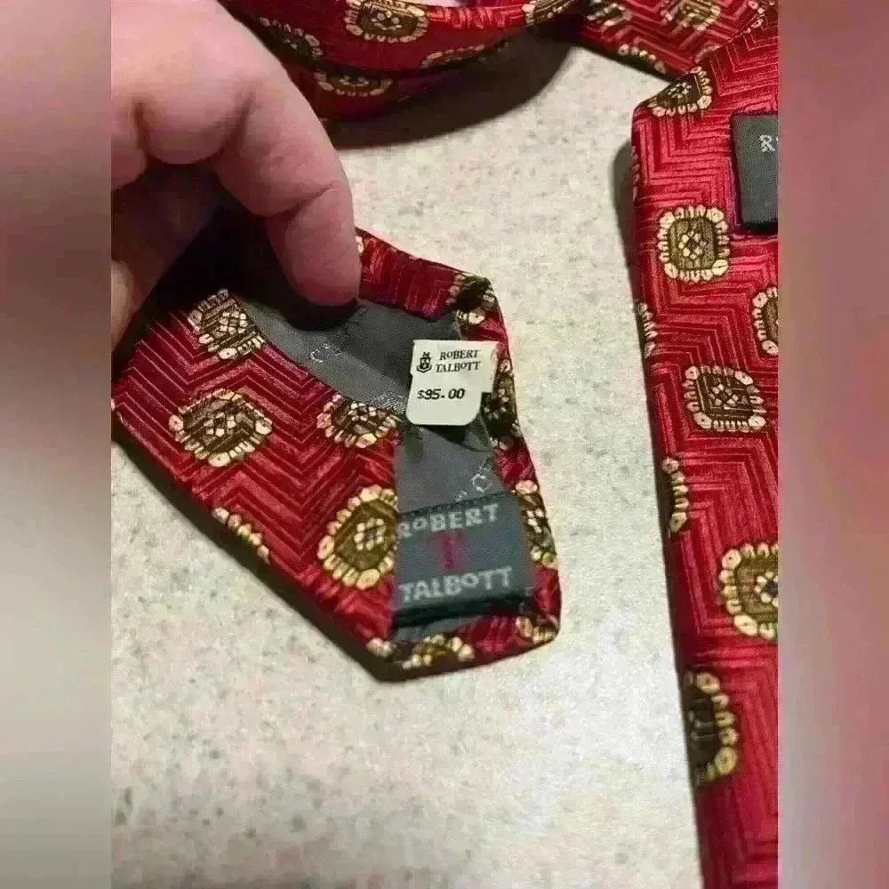 Robert Talbott Silk Necktie Red  Gold Square Print Handsewn - Picture 2 of 8